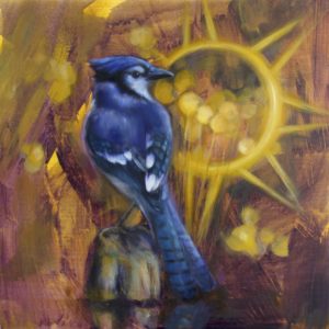 Painting of a blue jay with golden light from behind